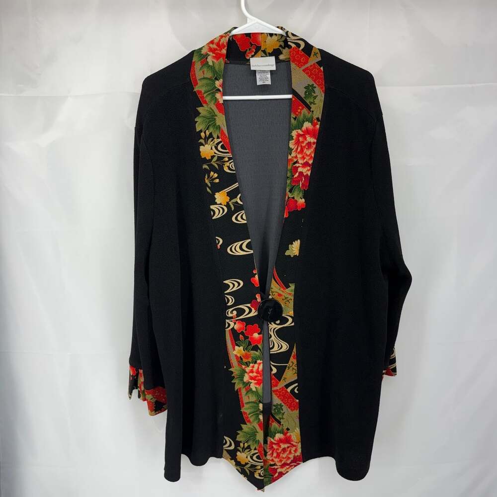 Soft Surroundings Women 2X Kimono Jacket Cardigan Floral Trim Japanese Relaxed